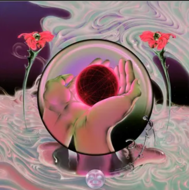 A vinyl record sleeve with a abstract artwork featuring a hand holding a red orb, surrounded by two pink flowers against a swirling purple and green background.