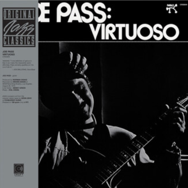 Cover of the Joe Pass album 'Virtuoso' featuring a black and white photo of Joe Pass with a guitar, with the title text overlaid.
