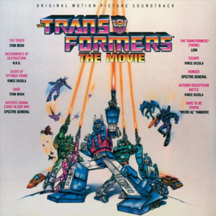 Album cover for 'The Transformers: The Movie' soundtrack featuring animated robots and title text.
