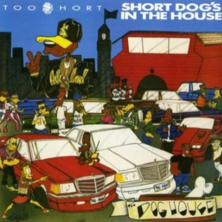 Album cover with cartoon characters and text 'Too Short's Short Dog's in the House' on a cityscape background.