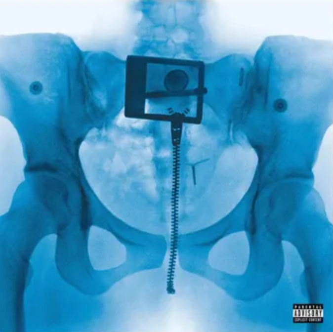 Album cover with a zipper design on a blue background