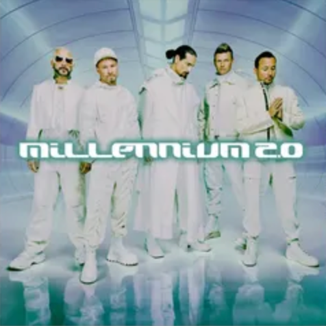 Five men in white outfits with 'Millennium 2.0' text on a reflective surface.