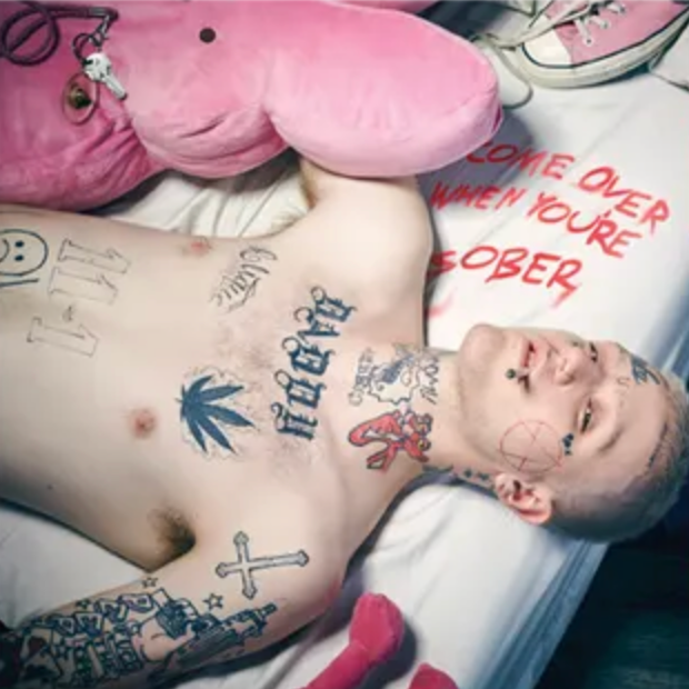 This image features the cover of the Lil Peep album "Come Over When You're Sober, Pt. 1," presented on a vinyl LP format.
