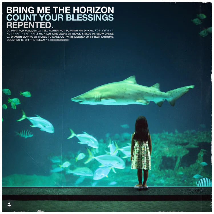 Album cover with shark and person looking at aquarium, featuring text 'Bring Me the Horizon Count Your Blessings Repented'.