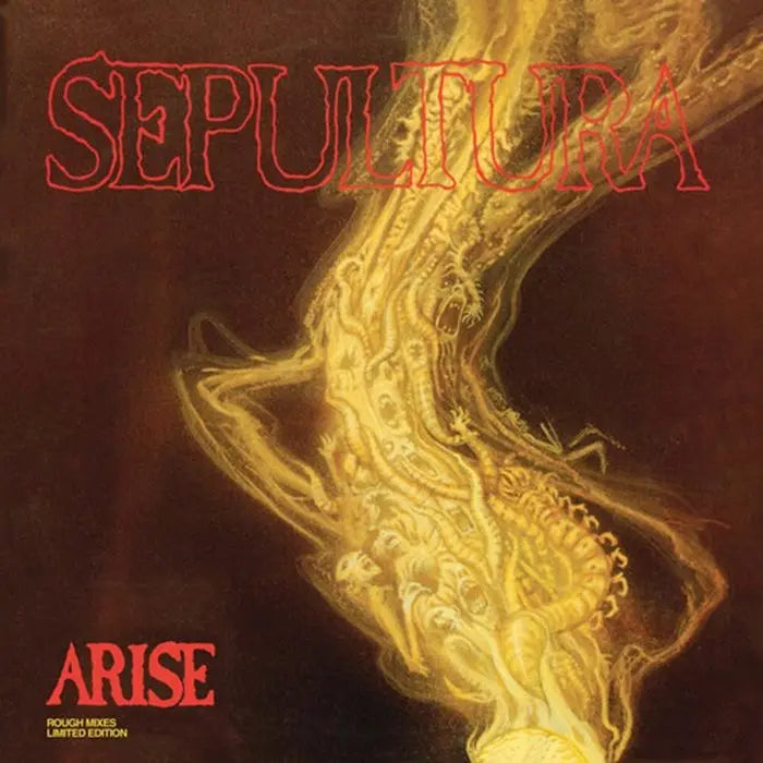 Album cover for Sepultura's 'Arise' with stylized text and abstract design.