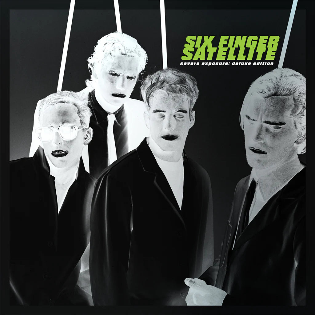 Album cover for 'Six Finger Satellite' with a black and white portrait of four people.
