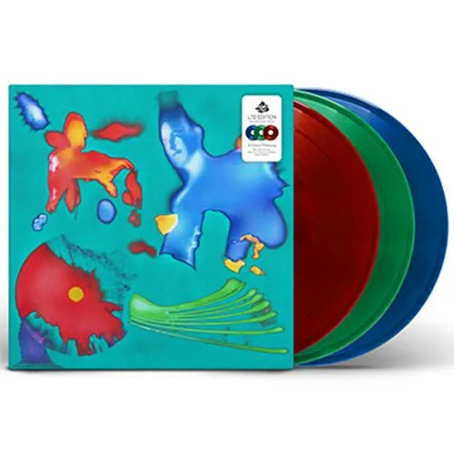Vinyl record set with colorful cover featuring abstract designs on a white background