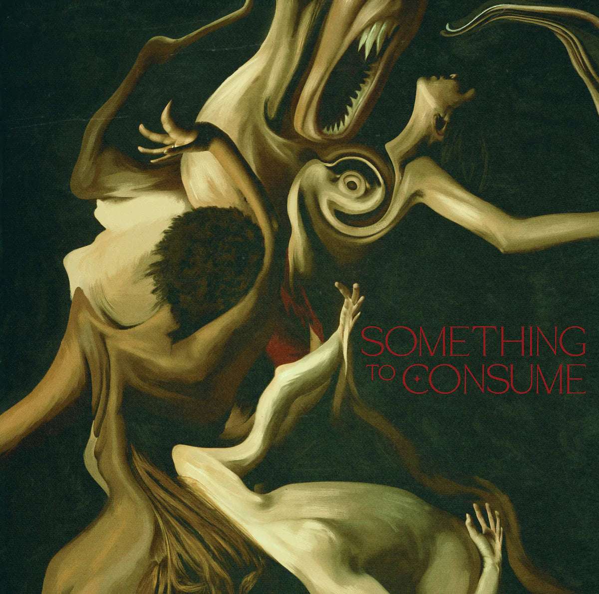 Artistic depiction of a creature consuming another figure with 'Something to Consume' text.