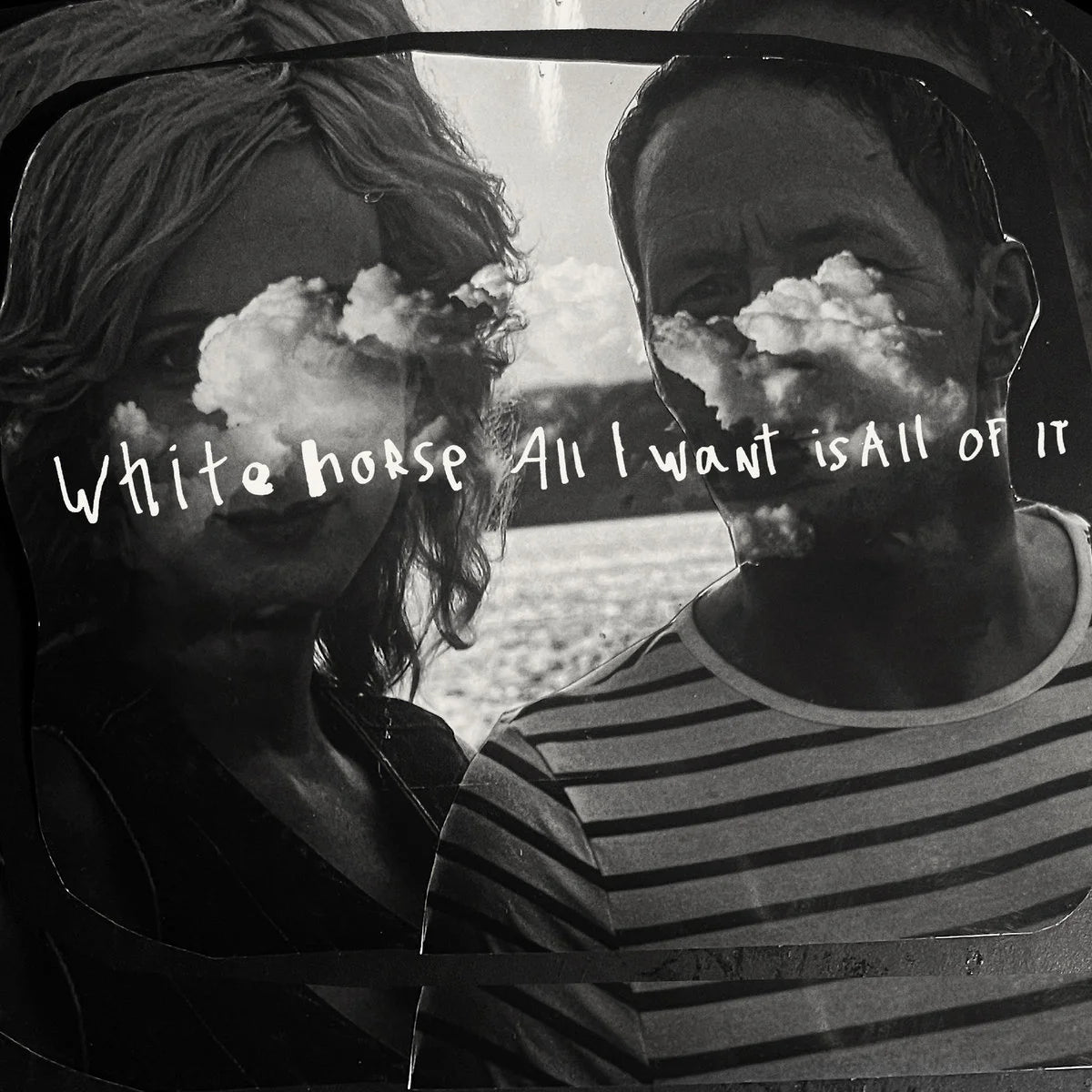 Two people with cloud-like faces and text overlay in a black and white setting.