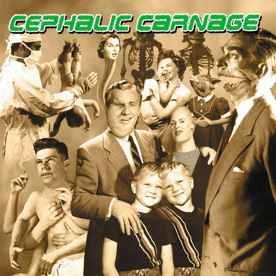 Album cover with vintage-style photo of a family and怪异人物, featuring the text 'Cephalic Carnage'.