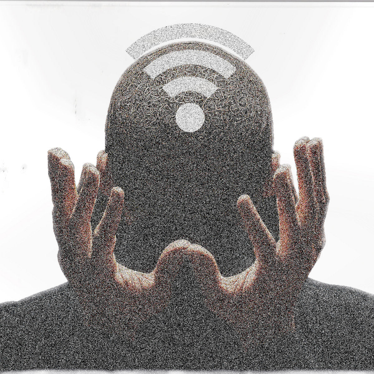 Person holding a smartphone with a Wi-Fi symbol above it on a white background