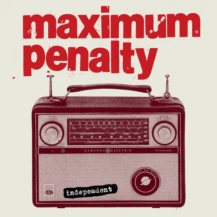 Vintage radio with 'maximum penalty' text on a beige background