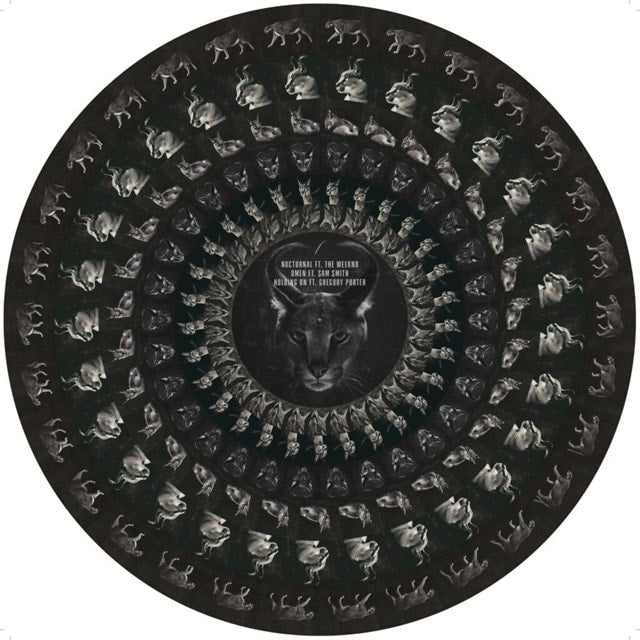 Vinyl record with a cat face design on a black background