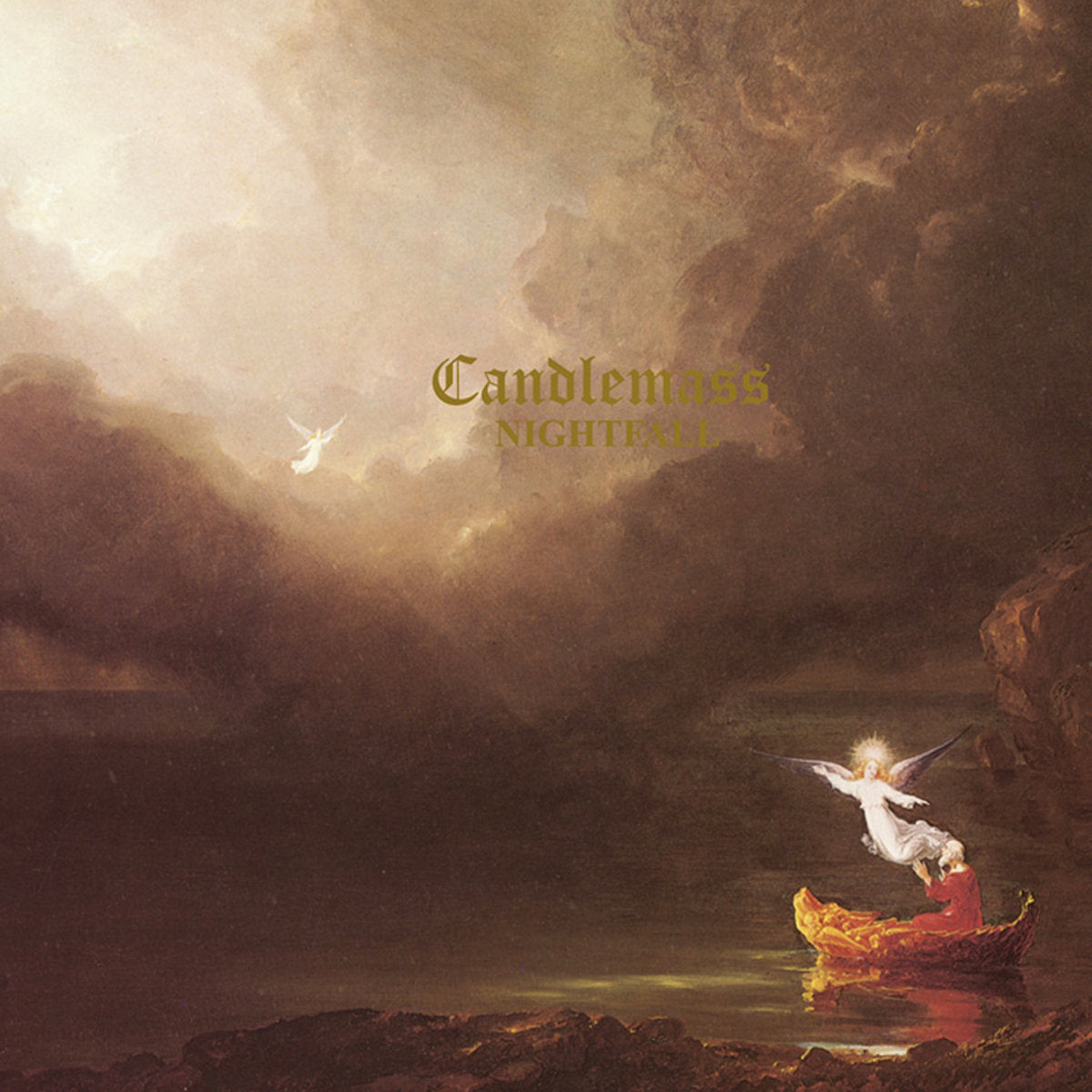 Album cover with a fairy in a boat on water, surrounded by mist and clouds, with 'Candlemass' text.