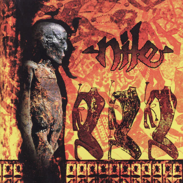 Album cover art for Nile's '2020', featuring a dark, textured statue on the left against a fiery orange and yellow background with stylized figures and the band name 'nile' in black script.