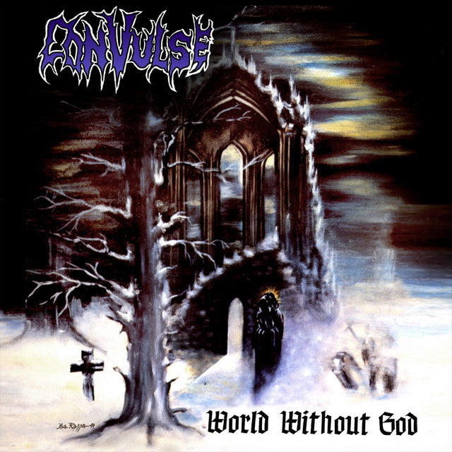 Album cover art for Convulse's 'World Without God', featuring a dark gothic cathedral in a snowy night scene with a bare tree in the foreground, a cloaked figure, and the band's name in stylized purple text at the top.