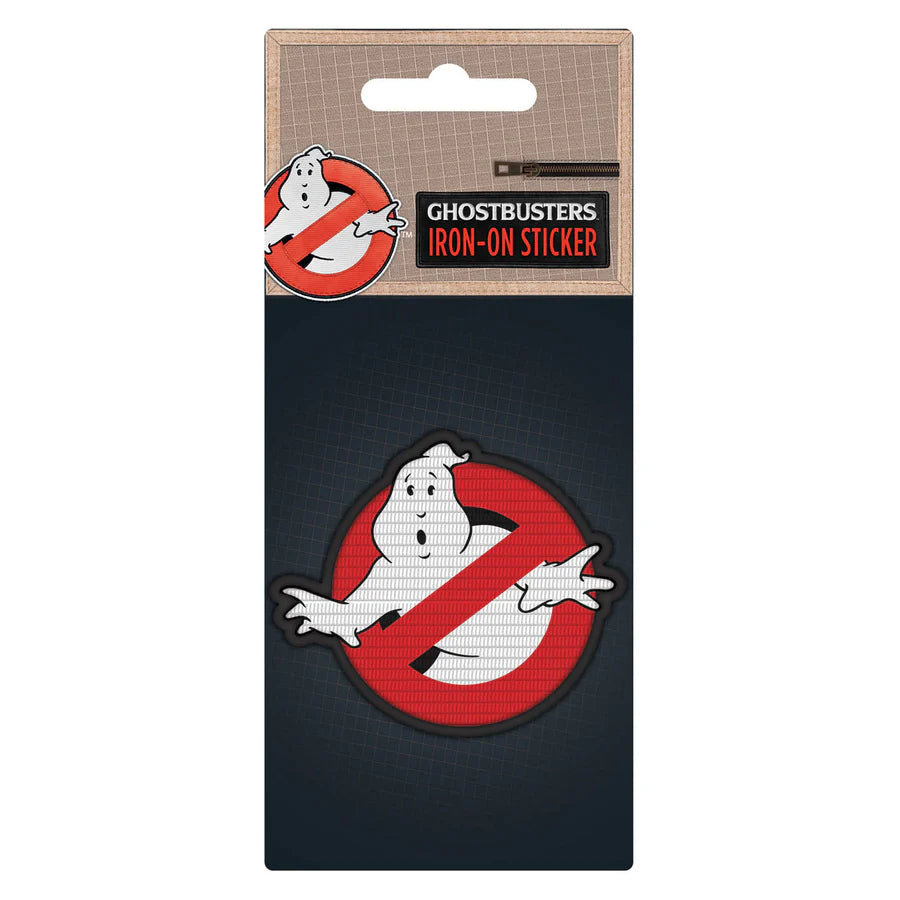 Ghostbusters iron-on sticker with logo on a black backing card