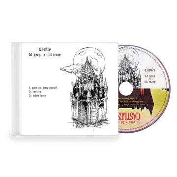 CD with black and white illustration of a castle on a white background