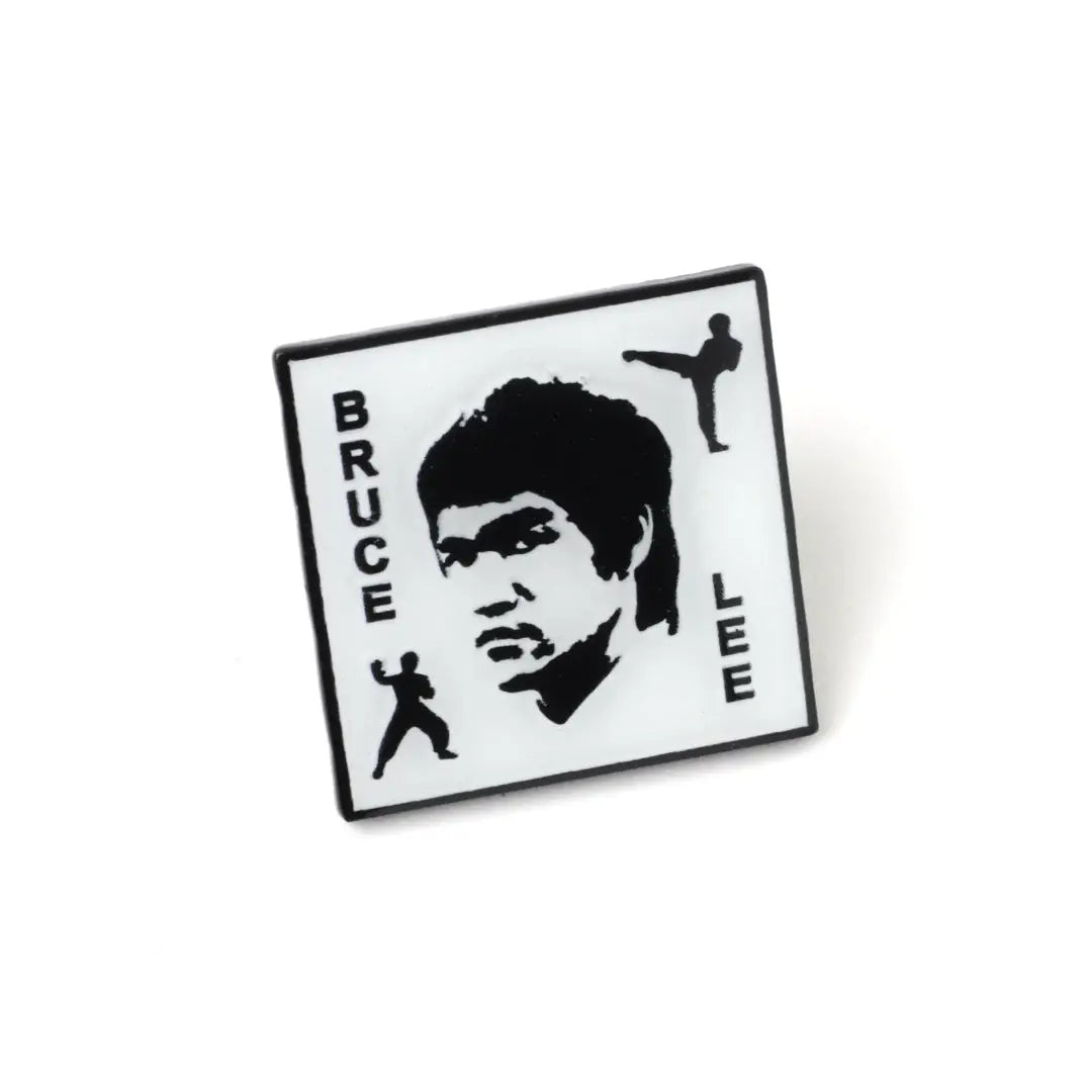 Square patch with Bruce Lee's portrait and silhouette of a martial artist on a white background