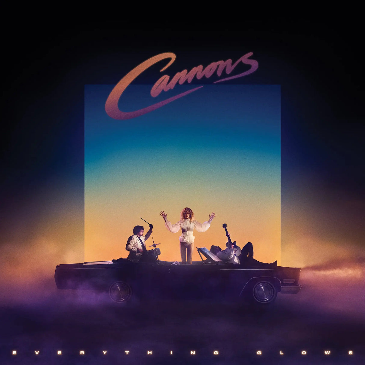 Album cover with three people in a convertible car against a colorful sky, featuring the word 'Camaron'.