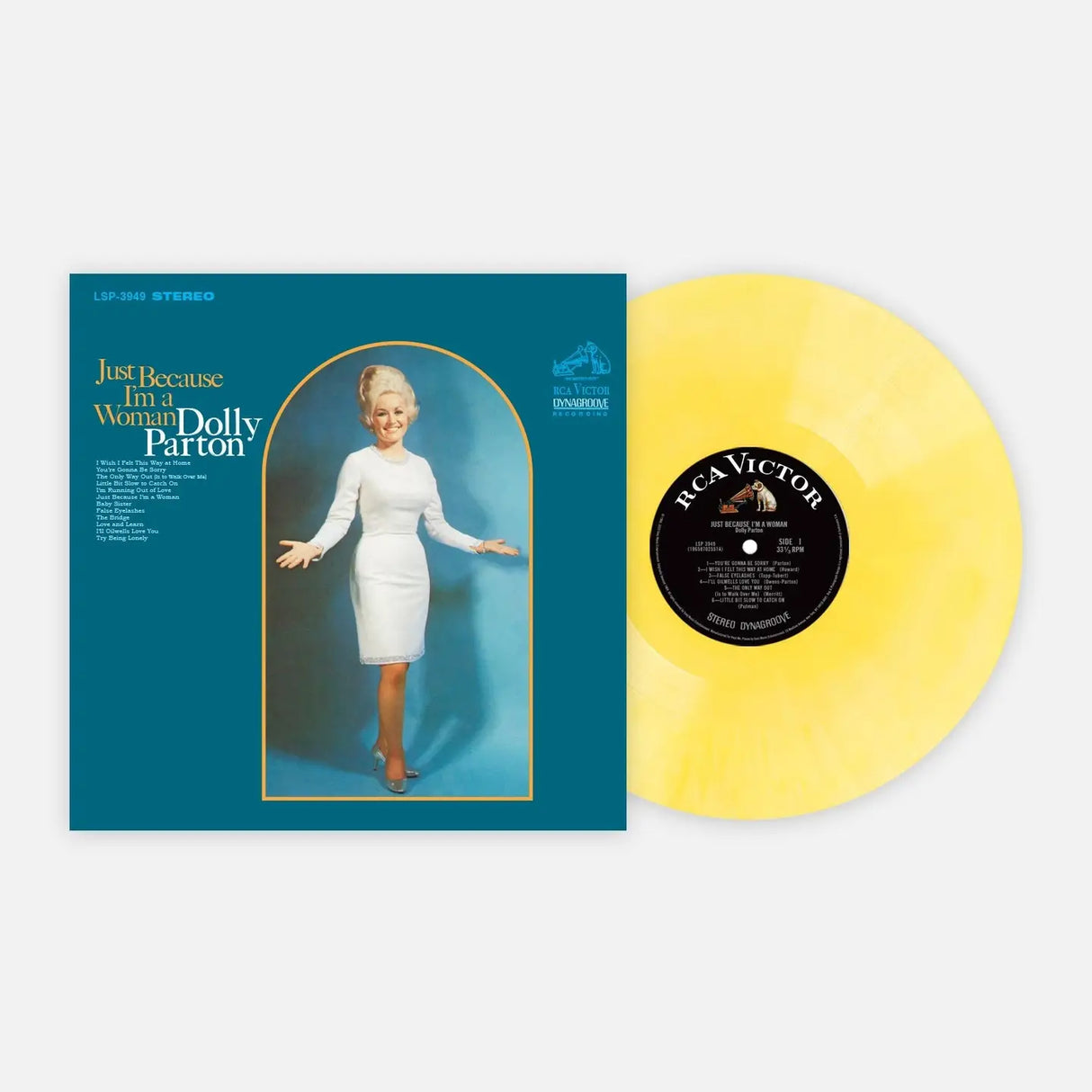Vinyl record with blue cover featuring Dolly Parton and yellow disc.