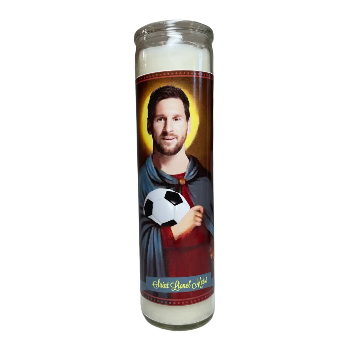 Candle with a portrait of a person holding a soccer ball on a white background