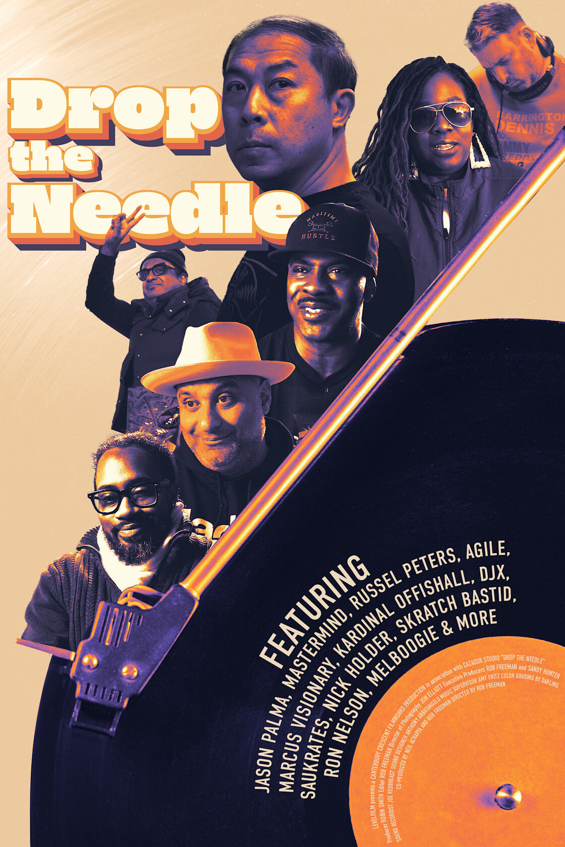 Promotional poster for 'Drop the Needle' featuring a group of people and a vinyl record.