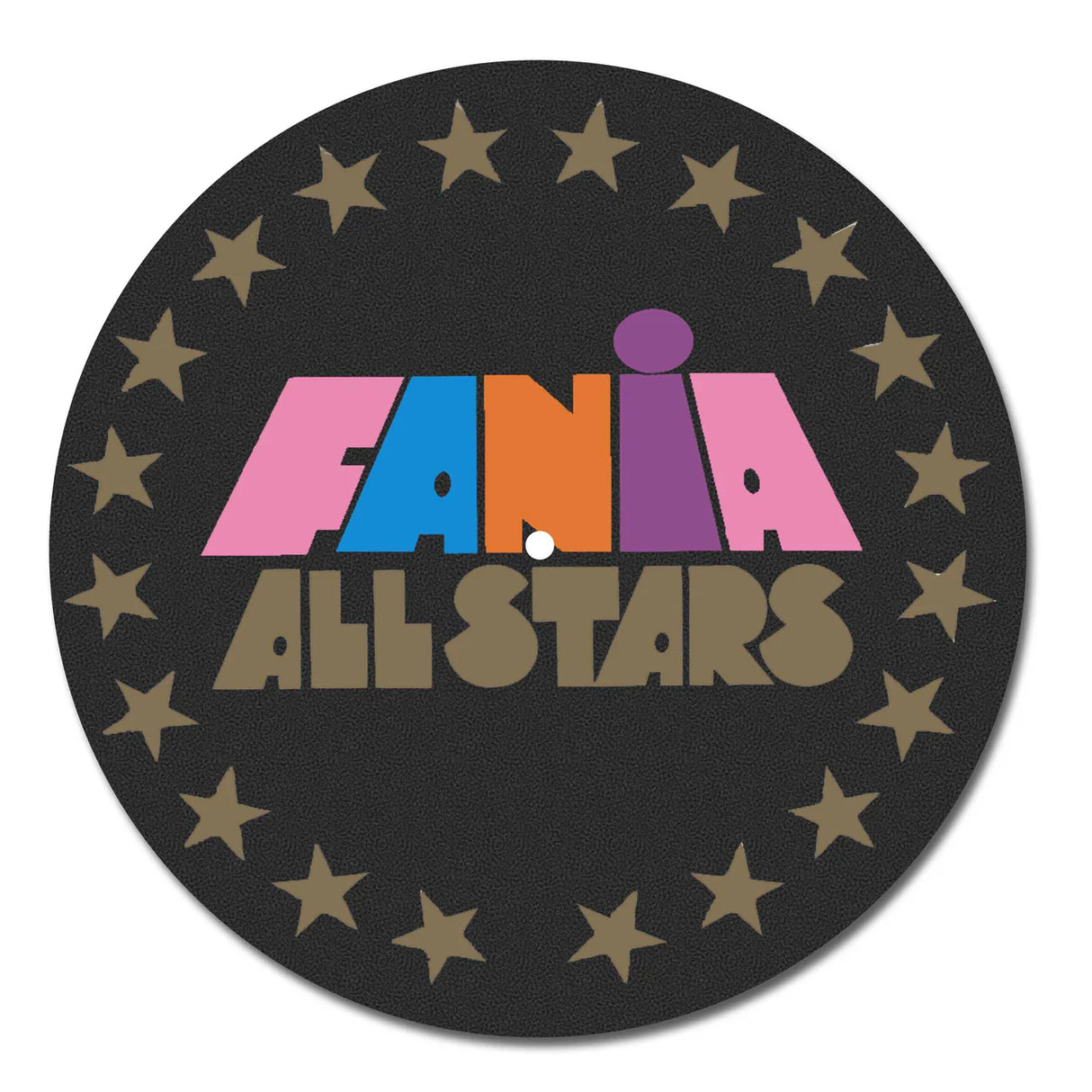 Round black mat with 'Fania All Stars' logo and star decorations on a white background