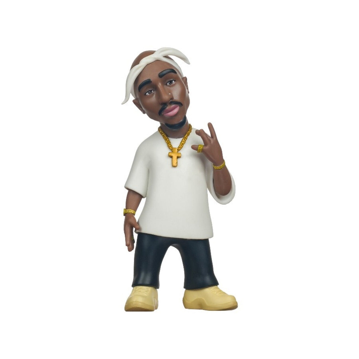 Figurine of a person wearing a white shirt, black pants, and gold jewelry on a white background
