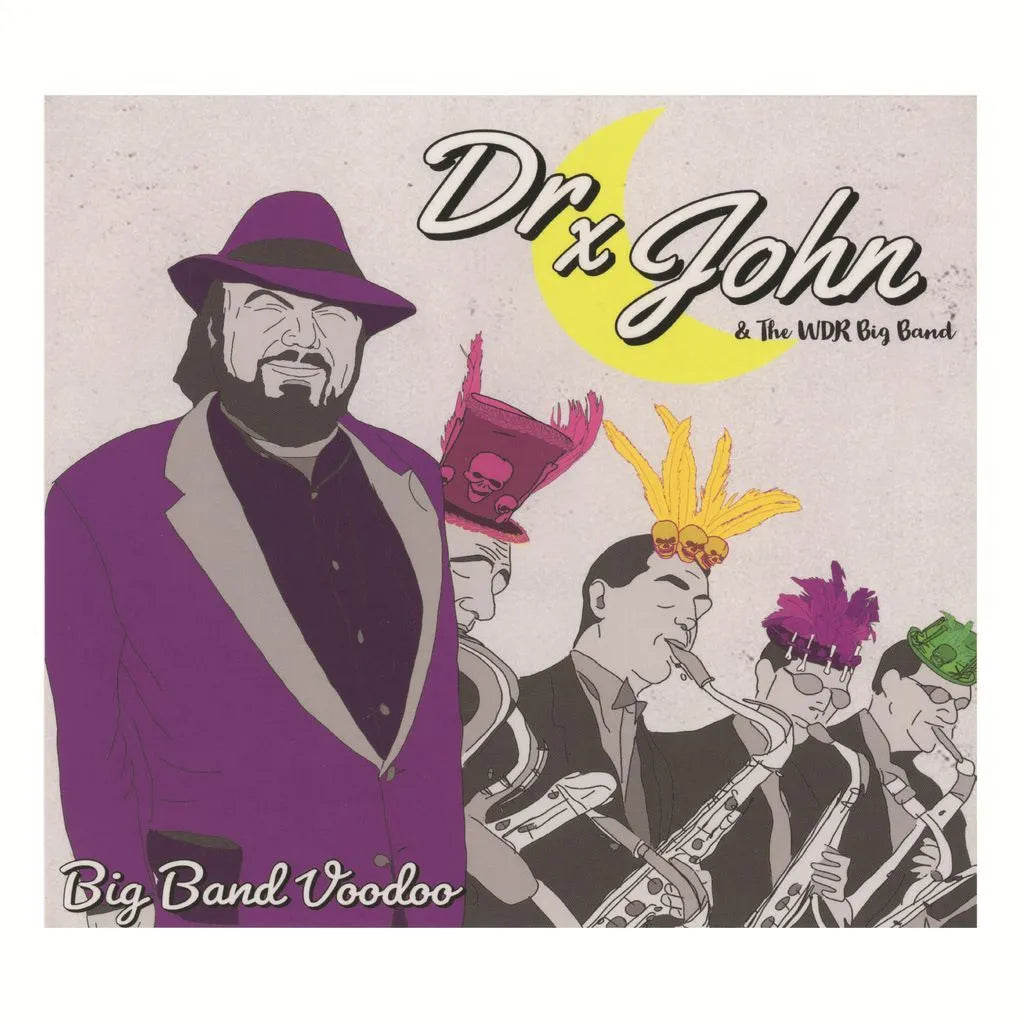 Album cover for 'Big Band Voodoo' by Dr. John featuring a stylized illustration of a musician and band members.
