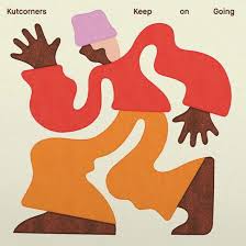 Album cover art for Kutencomers' 'Keep on Going', featuring a stylized, abstract illustration of a person in a red top, orange pants, and a purple hat on a cream background.