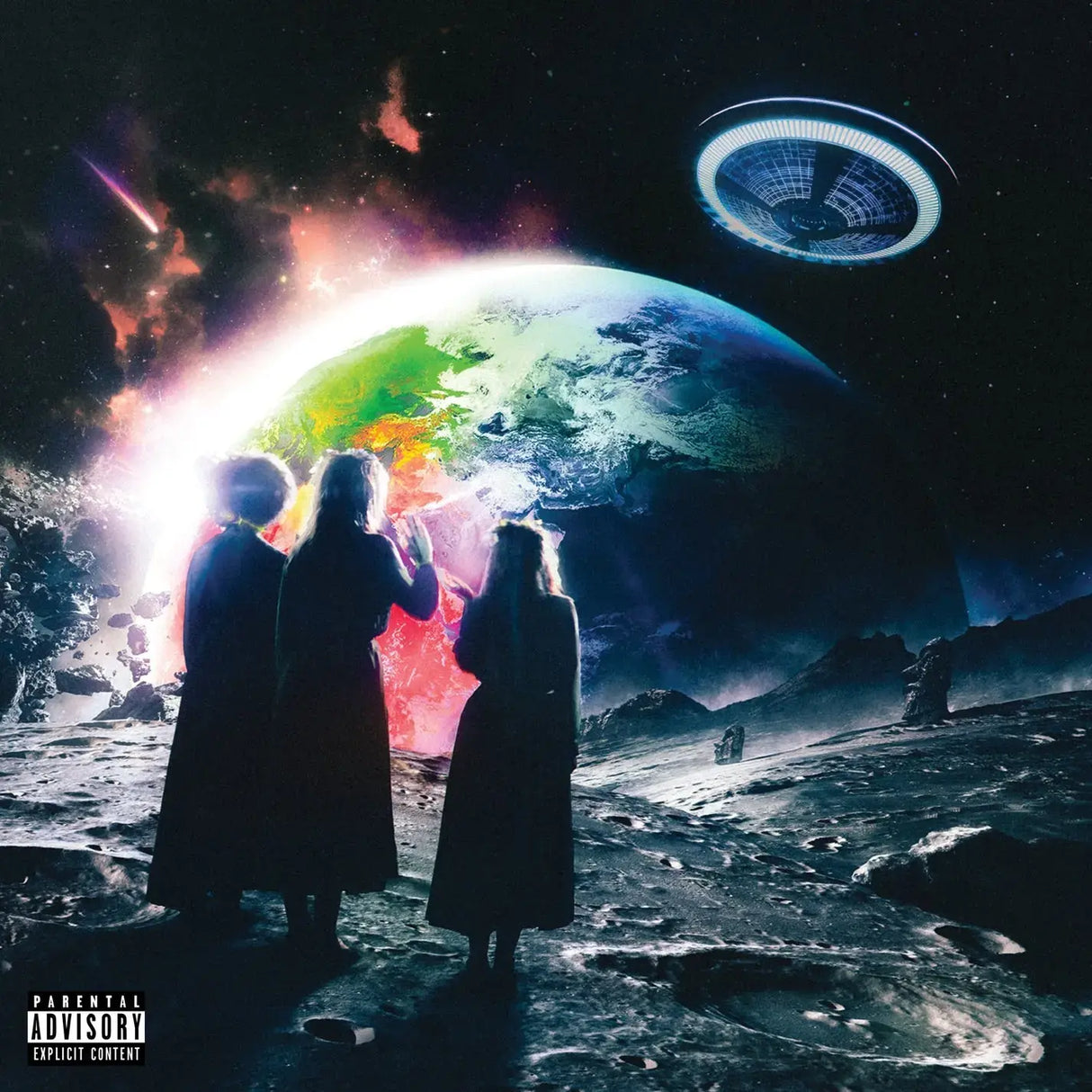 Three people on a moon-like surface looking at Earth with a UFO above, featuring a 'Parental Advisory' label.