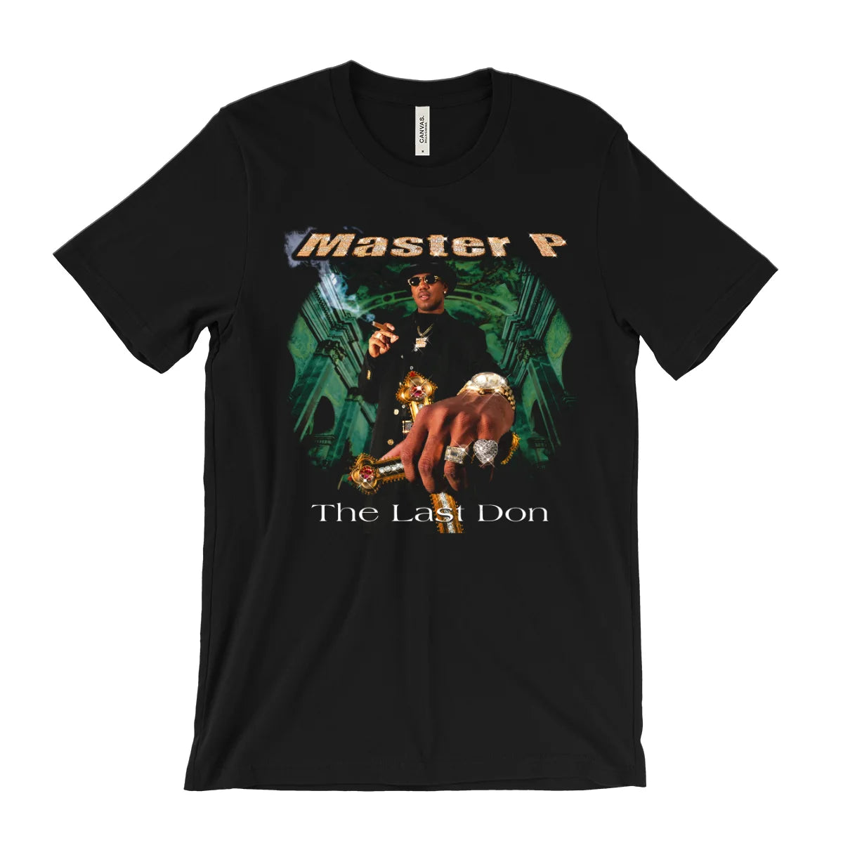 A black short-sleeve graphic t-shirt featuring a vintage-style print of 'Master P' with the text 'The Last Don' on a white background.