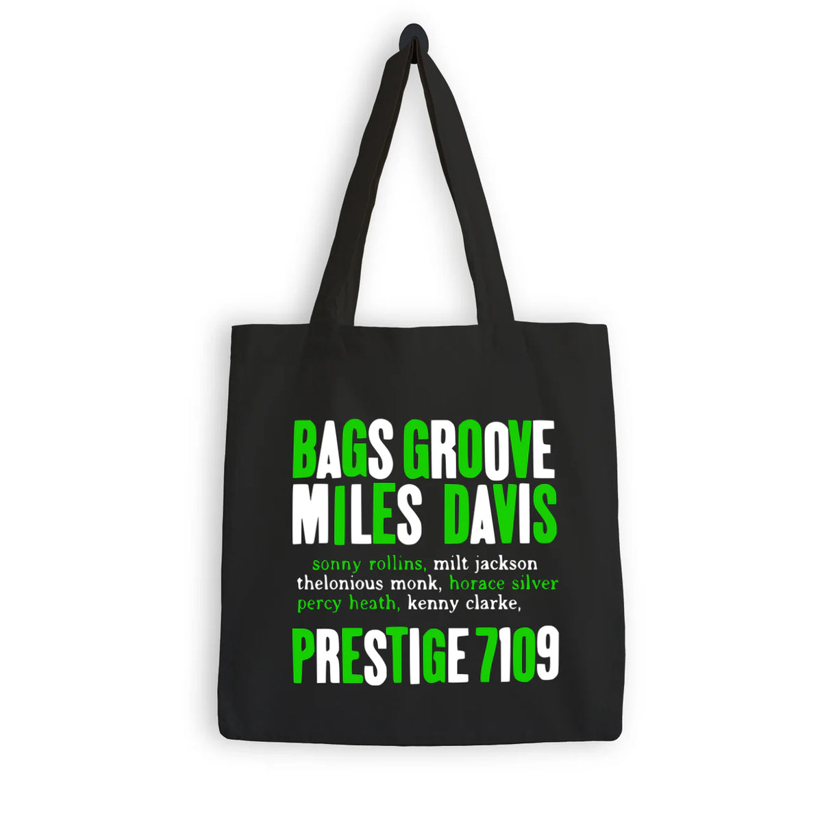 Black tote bag with green and white text on a white background