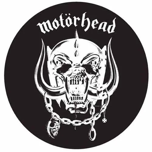 Motorhead logo with a metallic wolf head and chain on a black background