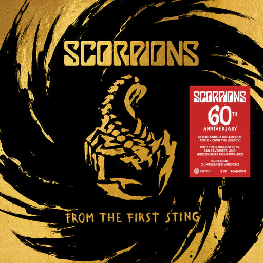 Scorpions album cover with gold scorpion design and text on a black and gold background
