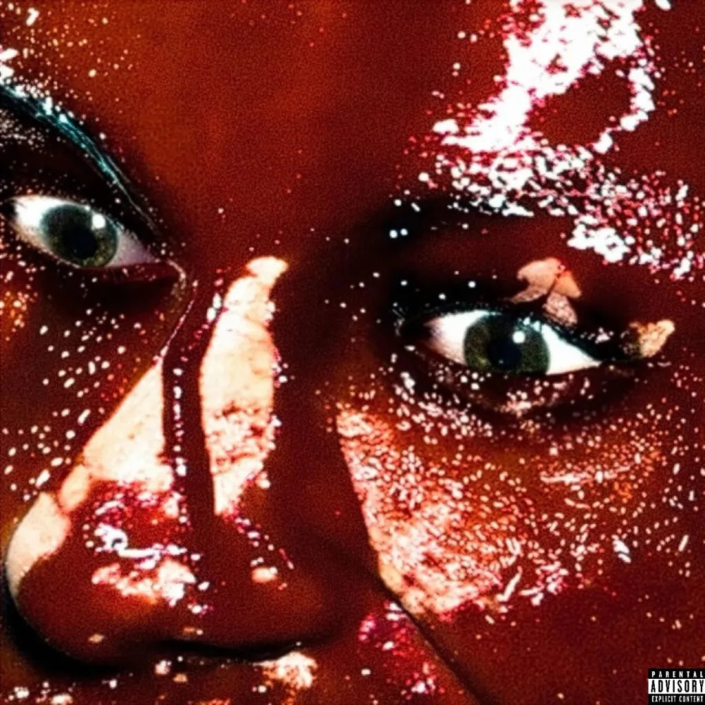 A close-up of a person's face covered in dark red liquid, with intense eyes visible and a Parental Advisory label in the bottom-right corner.