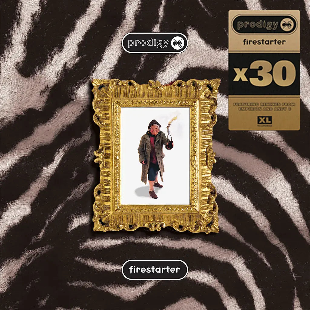 Album cover for 'Firestarter' by The Prodigy with gold frame and zebra pattern
