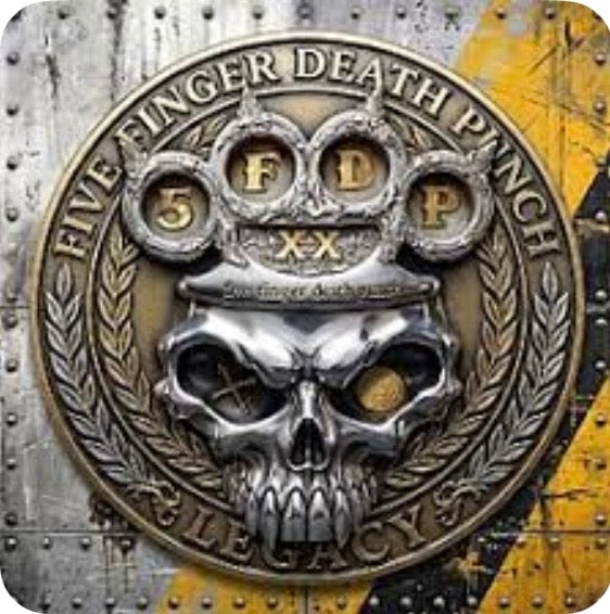 A circular metallic emblem featuring a skull beneath a five-finger knuckle pad with the text 'FIVE FINGER DEATH PUNCH' and 'LEGACY' around the edge, shown on a distressed metal and yellow background.