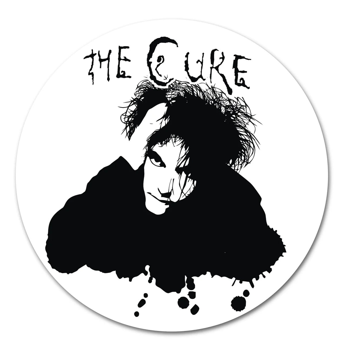 Circular sticker with a black and white illustration of a person and 'The Cure' text on a white background