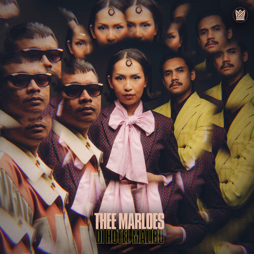 Album cover with a woman in a pink dress surrounded by men in suits and sunglasses, featuring 'Thee Marloes' and 'Hotel Malibu'.
