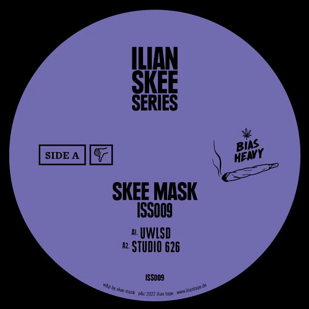 Vinyl record label with text and a smoking cigarette illustration on a purple background
