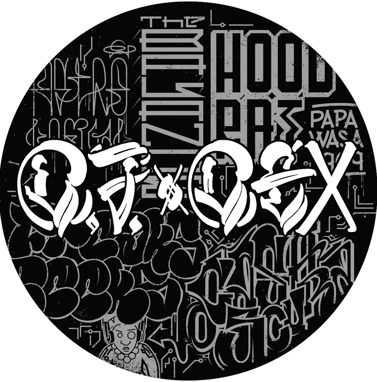 Circular graphic with stylized text and symbols, featuring the letters 'O', 'V', 'D', and 'X'.