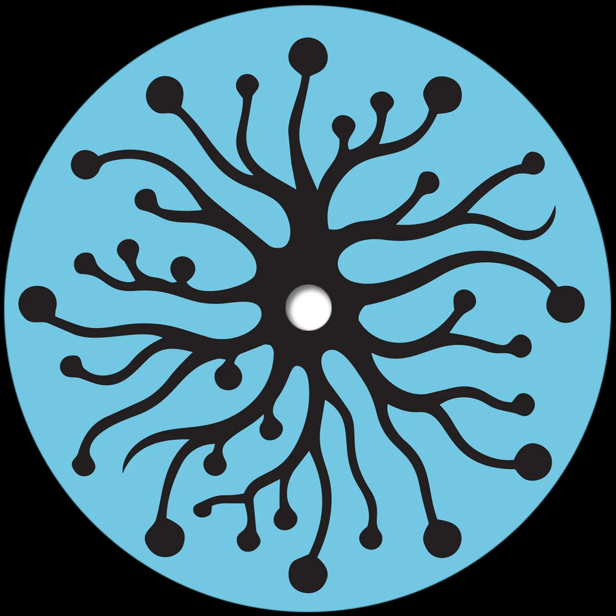 Black abstract design on a blue circle with a white center
