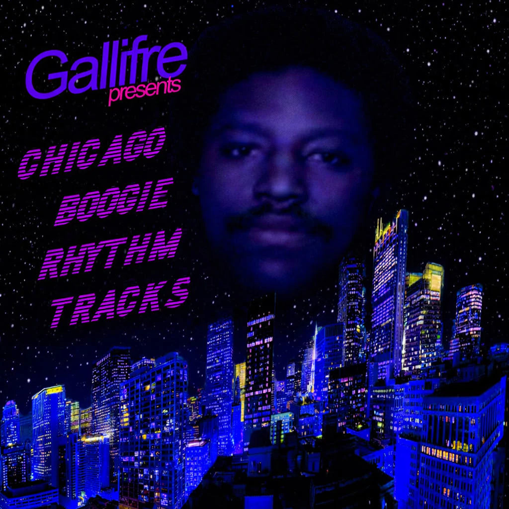 Album cover art for 'Chicago Boogie Rhythm Tracks' presented by Gallifre, featuring a stylized portrait of a man against a starry night sky and a blue-lit Chicago city skyline.
