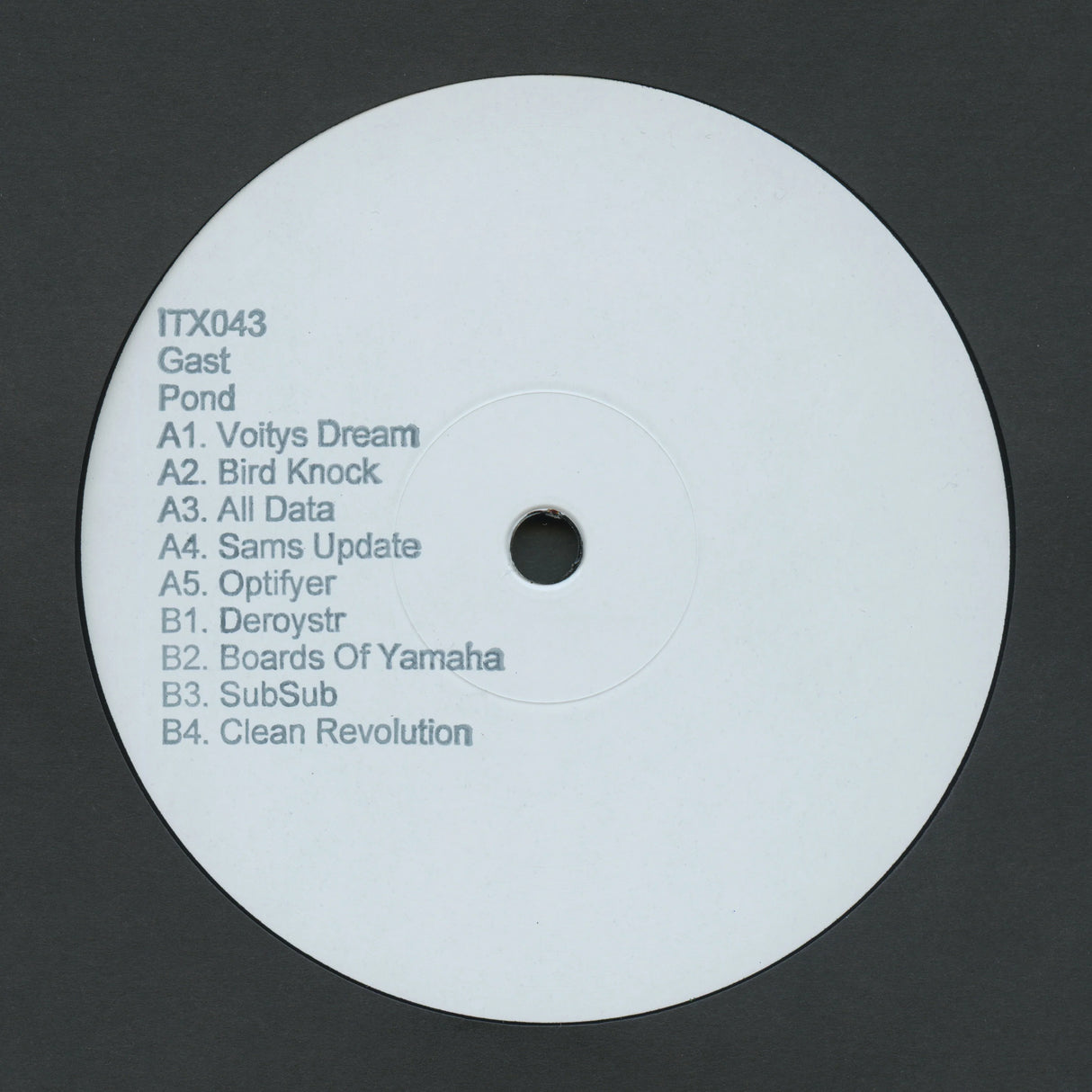 White vinyl record label with text on a black background