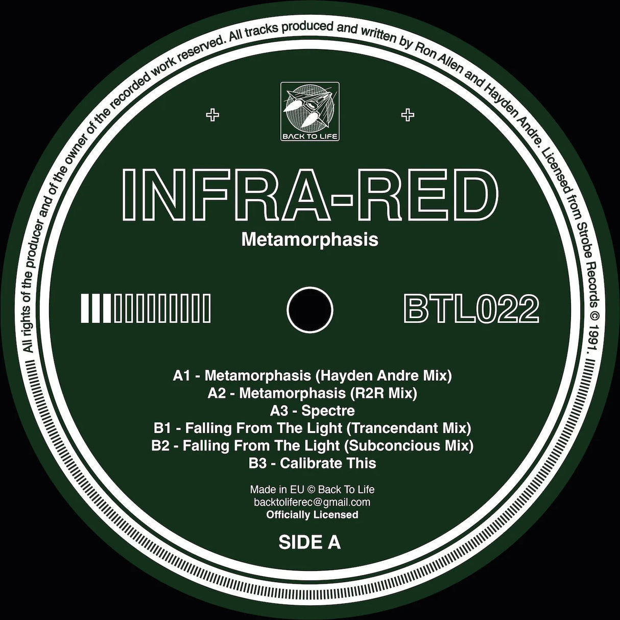 Vinyl record label for 'Infra-Red' album with tracklist and branding.