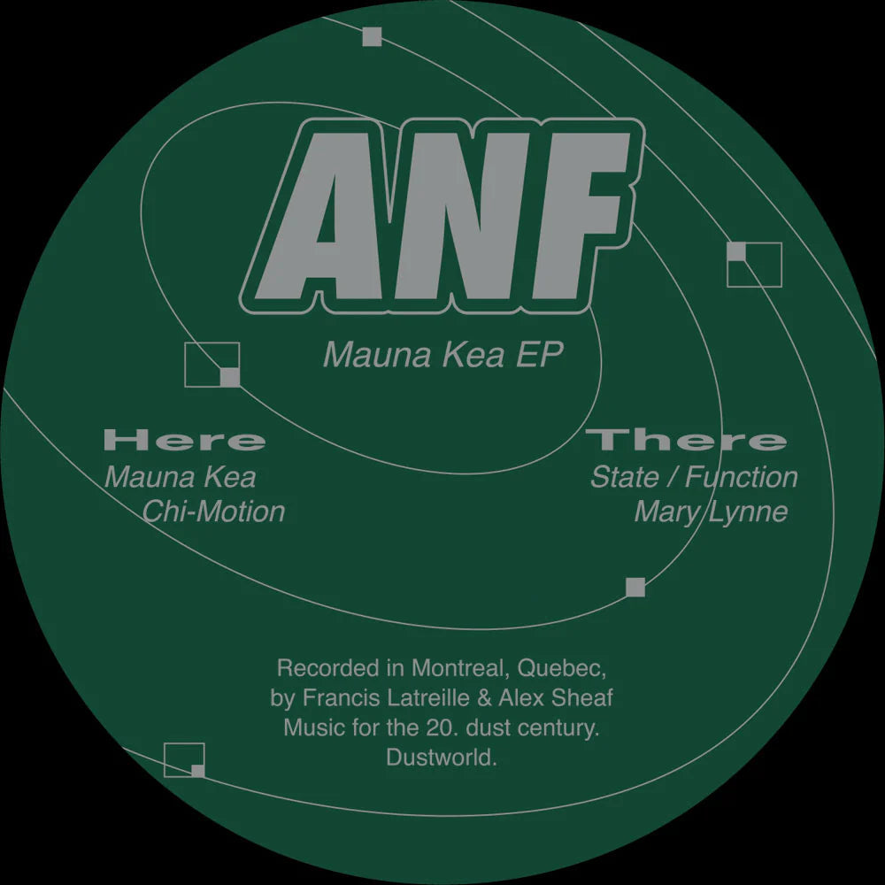 Green circular design with 'ANF' and track listings on a black background