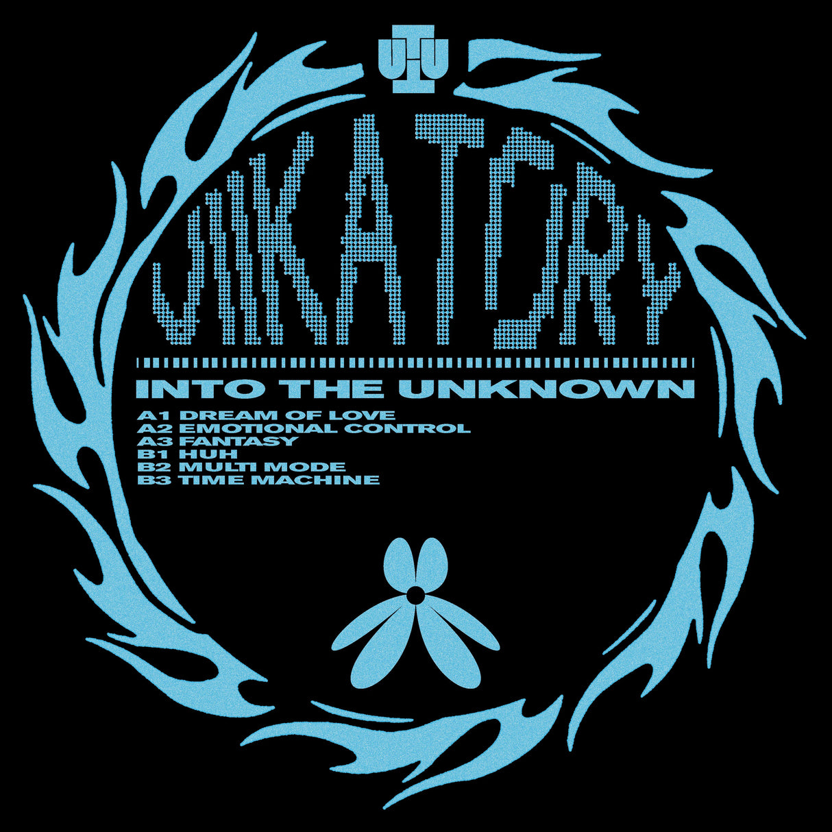 Album cover with blue text and decorative elements on a black background