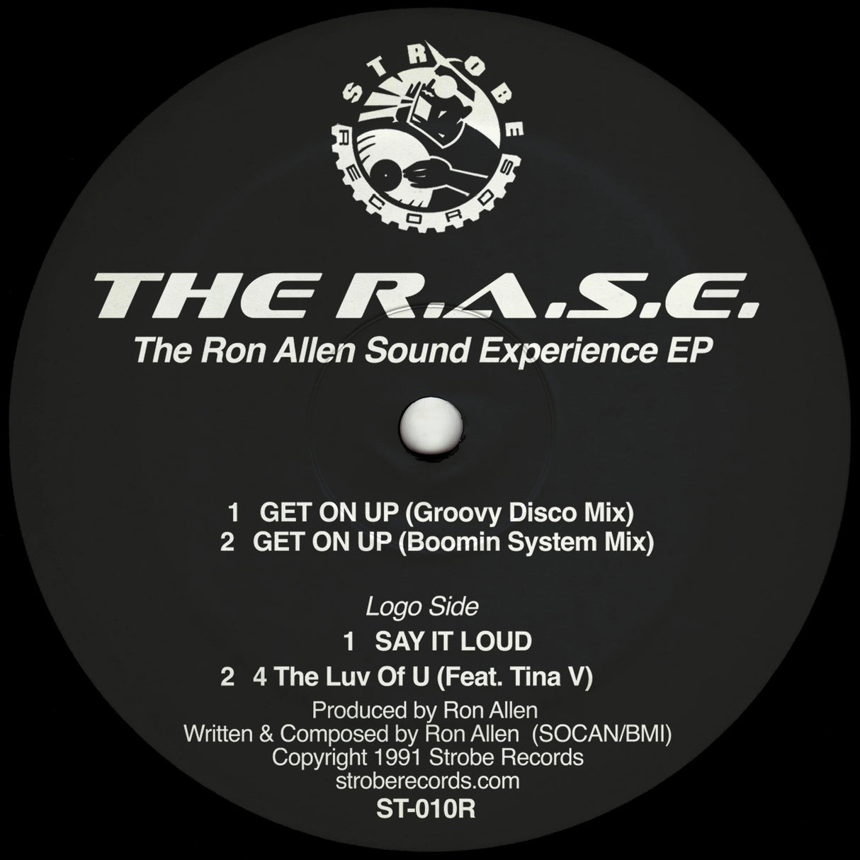 Vinyl record label for 'The Ron Allen Sound Experience EP' with tracklist and Strobe Records logo.
